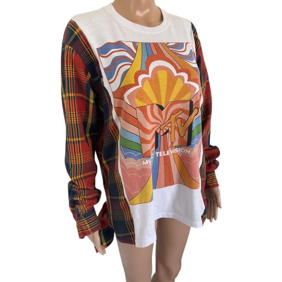 Upcycled MTV Flannel Patchwork Shirt Grunge Y2K Retro Plaid Top Ruffle Colorful - Picture 2 of 8